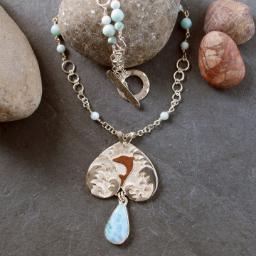 Larimar Pendant, Silver Waves, Dolphin, Hand made Chain