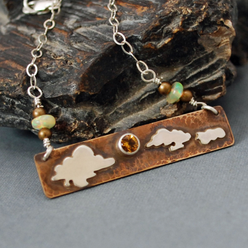 Hammered Bronze Bar Necklace with Citrine