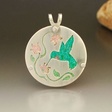 Japanese Colored Silver Leaf Pendant, Hummningbird and Flowers