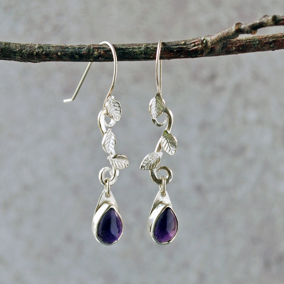 Silver earrings with amethysts and stamped silver leaves