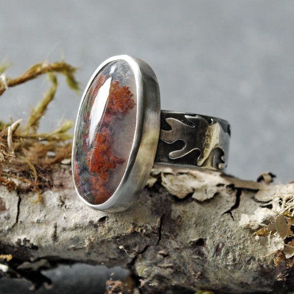 Silver ring with Indonesian Moss Agate - "mossy" band