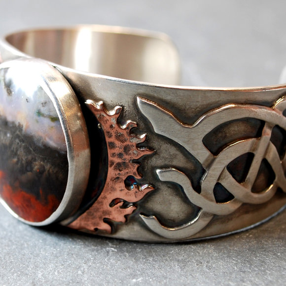 Custom cuff: Silver with agate, copper flames and silver smoke tendrils