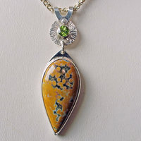 Silver Ocean Jasper Pendant with Peridot, Leaf Cut-Out