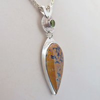 Silver Ocean Jasper Pendant with Peridot, Leaf Cut-Out