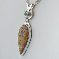 Silver Ocean Jasper Pendant with Peridot, Leaf Cut-Out
