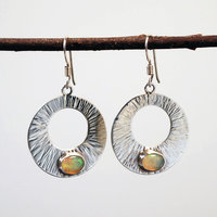 Silver Circle Earrings with Welo Opals hanging