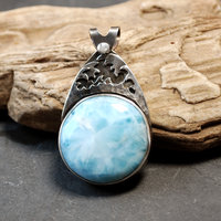 Silver Larimar Pendant front with ocean waves