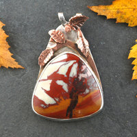 Desert Fire Jasper Pendant, Silver and Copper Leaves