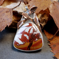 Desert Fire Jasper Pendant, Silver and Copper Leaves