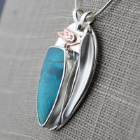 Chrysocolla Pendant with Bird and Cattail close-up angle