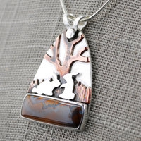 Boulder Opal Pendant with Rabbits, Tree closeup angle