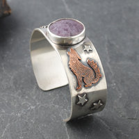 Silver Cuff with Fluroite, Coyotes, Wolves, Stars