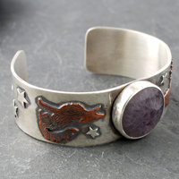 Silver Cuff with Fluroite, Coyotes, Wolves, Stars