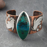 Copper Cuff with Chrysocolla, Malachite, Silver Koi front