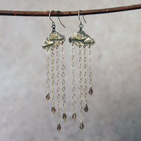 Silver Cloud Earrings with Rain, Smoky Quartz, hanging