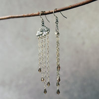 Silver Cloud Earrings with Rain, Smoky Quartz, hanging angle