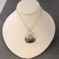 Silver Agate Pendant, Riveted Clouds hanging