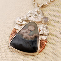 Silver Agate Pendant, Riveted Clouds closeup angle