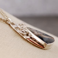 Silver Agate Pendant, Riveted Clouds closeup angle