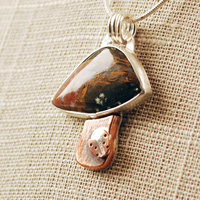 Silver, Copper Mushroom Pendant with Agate and Ladybug close up angle