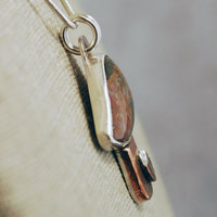 Silver, Copper Mushroom Pendant with Agate and Ladybug close up angle