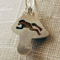Silver, Copper Mushroom Pendant with Agate and Ladybug close up back