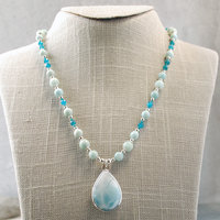 Larimar Silver Beaded Necklace, Larimar Pendant hanging straight on