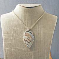 Plume Agate Pendant, with Druzy, Sterling Silver hanging straight on