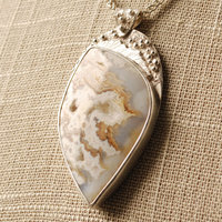 Plume Agate Pendant, with Druzy, Sterling Silver close-up slight angle