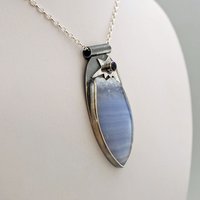 Blue Lace Agate with Druzy, Silver and Iolite  Pendant
