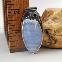Blue Lace Agate with Druzy, Silver and Iolite  Pendant