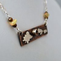 Hammered Bronze Bar Necklace with Citrine and Silver Clouds