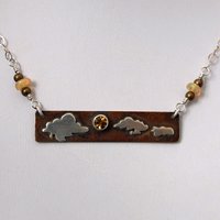 Hammered Bronze Bar Necklace with Citrine and Silver Clouds