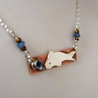 Hammered Bronze Bar Necklace with Happy Silver Fish and Blue Topaz