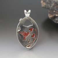 Red Horn Coral and Peridot Heart Pendant with Hummingbird
