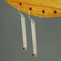 Hammered Silver Stick Earrings with Garnet, January Birthstone Earrings