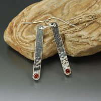 Hammered Silver Stick Earrings with Garnet, January Birthstone Earrings