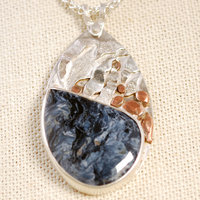 Blue Pietersite Silver Pendant with Waterfall, Copper Rocks close-up