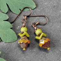 Czech Glass Earrings, Green and Orange