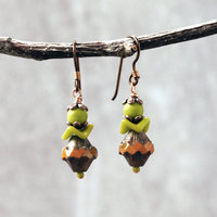 Czech Glass Earrings, Green and Orange
