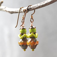 Czech Glass Earrings, Green and Orange