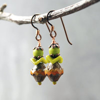 Czech Glass Earrings, Green and Orange