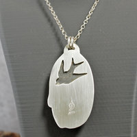 Silver pendant with rhyolite "mushroom cap, copper mushroom stem, two additional silver and copper mushrooms, close up back