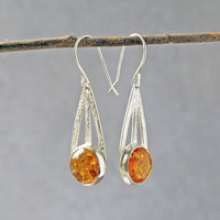 Baltic Amber Silver Drop Earrings hanging 