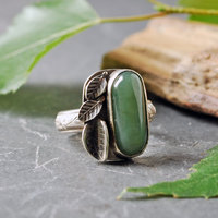 Nephrite Jade Silver ring with leaves, top view