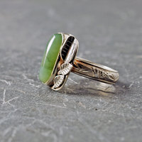 Nephrite Jade Silver ring with leaves, side view