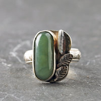 Nephrite Jade Silver ring with leaves, top view closeup
