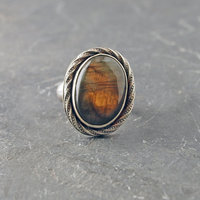 Golden labradorite sterling silver ring, straight on view of the top