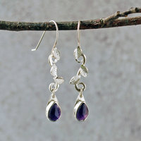 Amethyst Drop Earrings with Silver Leaves, hanging front view