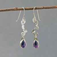 Amethyst Drop Earrings with Silver Leaves, hanging front view